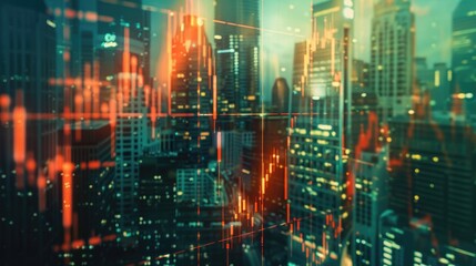 A view of a city's skyline at night from a high-rise building, with lights and buildings in the distance