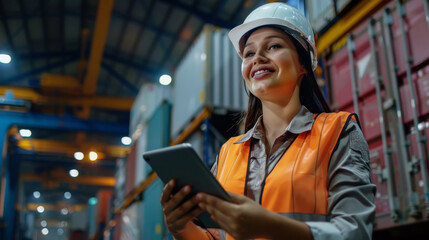 A woman wearing a hard hat and orange vest is holding a tablet in her hand