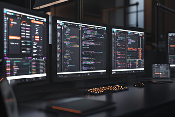 A computer monitor with a black background and a keyboard and mouse on a desk