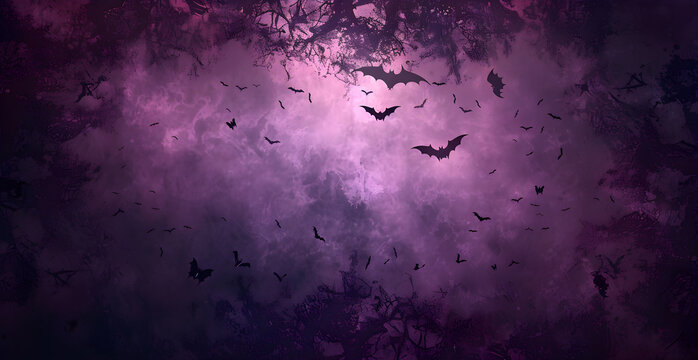 A purple background with bats flying in the sky