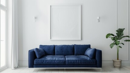 Frame mockup, Navy blue sofa in white living room.