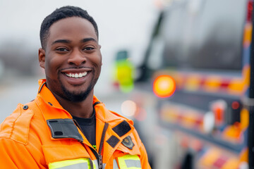 Naklejka premium A smiling man in an orange jacket stands in front of a fire truck