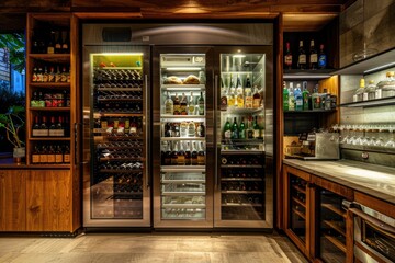 A kitchen filled with many bottles of wine, ideal for a wine tasting event or as a background for a food and beverage article