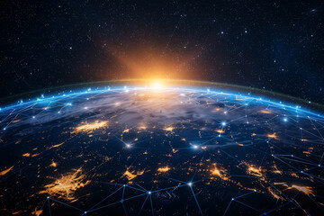 Obraz premium A planet with a sun in the middle and a network of lights around it