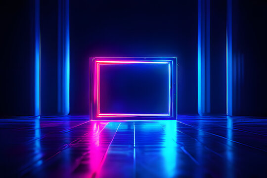 A circle of neon lights in a dark room pulsates with vibrant shades of pink, blue, and purple. The glowing circle creates a mesmerizing focal point, perfect for nightclubs, parties.