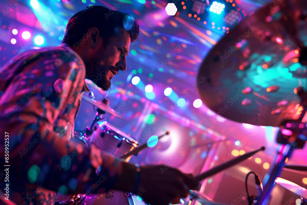 Wall mural A man is playing drums in a club with bright lights and colorful lights