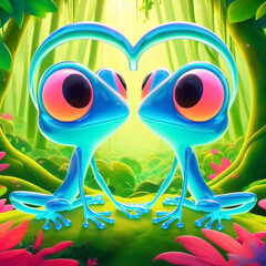 Fototapeta premium 3D glass frog cartoon in love. Funny illustration of wild animals for cards