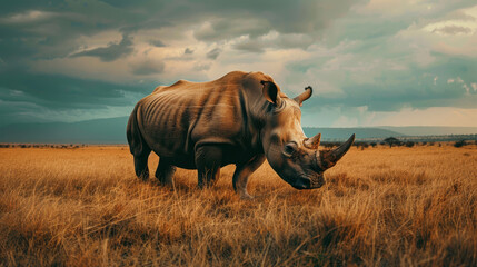 Obraz premium A rhino is standing in a field of tall grass