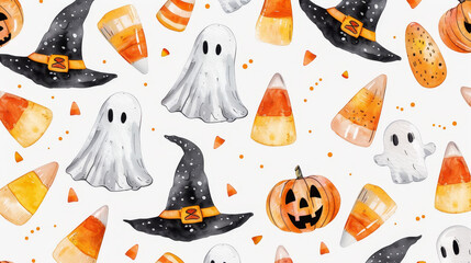 A Halloween themed watercolor painting of a pumpkin, a ghost, and a witch's hat