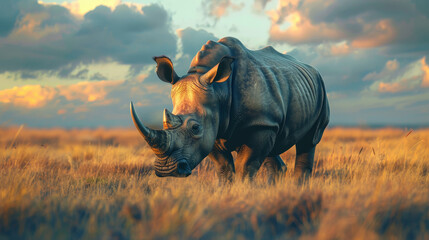 Obraz premium A rhino is walking through a field of tall grass