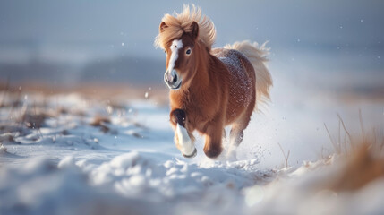 A small brown horse is running through the snow