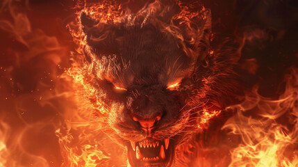 Fototapeta premium A fiery tiger with glowing eyes and a menacing look