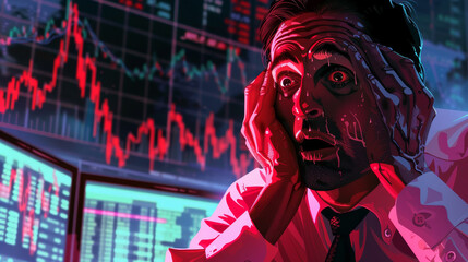 A man is looking at a computer screen with a red line on it