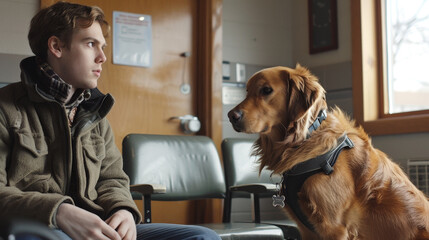 A man sits on a chair next to a dog