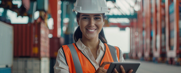 A woman wearing a safety vest and a hard hat is smiling while holding a tablet