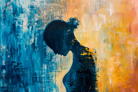 Depression, anxiety, and mental health concept. Woman silhouette abstract painting
