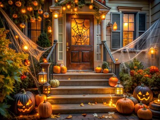 Obraz premium A Spooky Halloween Night Scene With A House Covered In Spider Webs And Jack-O'-Lanterns.