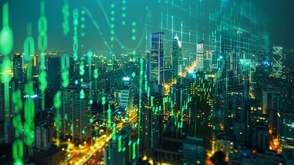 Obraz premium Futuristic Cityscape with Digital Overlay and Vibrant Night Lights