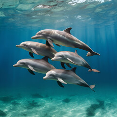 Fototapeta premium Group of Cute playful dolphin swimming gracefully. AI generative image.