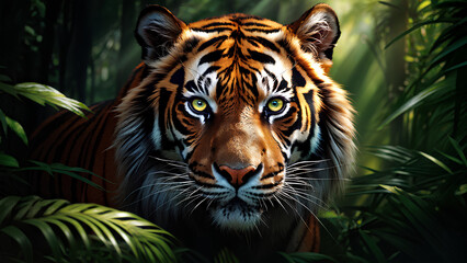Fototapeta premium Majestic tiger prowling through the dense jungle, its piercing gaze locked on unseen prey.