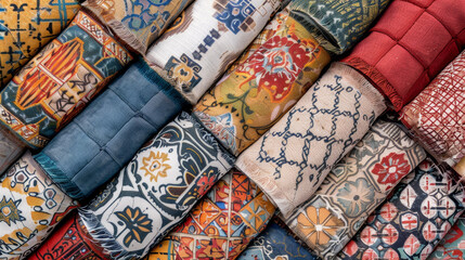 A collection of colorful blankets and pillows arranged in a stack
