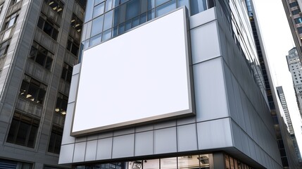 A blank square billboard mounted on the sleek facade of a modern building, towering above bustling city streets, awaiting a vibrant advertisement or captivating artwork.