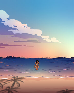 Woman in bikini walking out of the sea to the beach at sunset