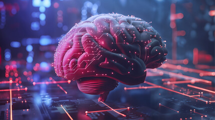 3D Model Human Brain with Circuits Board pattern, AI Techonology, Concept of Deep Neural Network, Generative AI, Anatomy