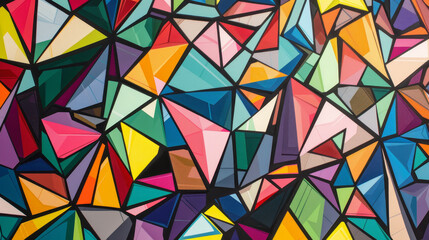 A colorful abstract painting with many different colored triangles