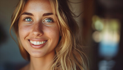 Fototapeta premium Happiness Woman's Cheerful Portrait, Young Woman's Radiant Smile at Home in Sunlight.
