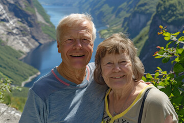 Happy Senior Couple Enjoying a Scenic Fjord View 