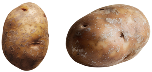 Two fresh, unpeeled potatoes with earthy textures, perfect for a variety of hearty dishes isolated on transparent background.