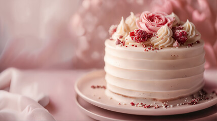 Naklejka premium elegant minimalism rose birthday cake with copyspace for text, romantic Valentines wedding cake