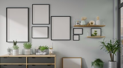 A stylish living room setting with a trendy dresser and shelf adorned with contemporary art decorations, featuring mockup frames on the wall allowing homeowners to easily update.