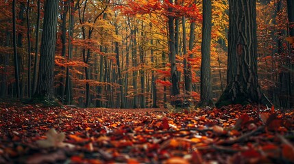 Fototapeta premium Serene Autumn Forest with Golden Leaves and Sunlight Streaming Through Trees in a Tranquil Nature Scene