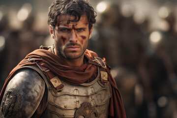 Obraz premium Ancient Roman soldier in combat on a battlefield. Topics related to ancient Rome. Combat in ancient Rome. Historical reconstitution. Eternal Rome. Ancient Rome video games.