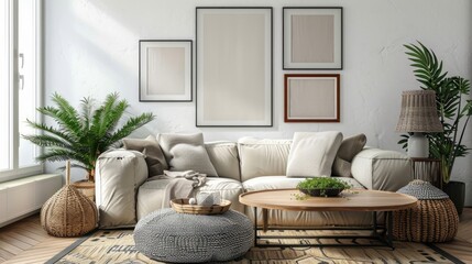 Mockup frames of various sizes on the wall of living room.