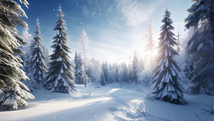 Fototapeta premium An ultrawide photograph capturing a majestic mountain landscape, with snowflakes drifting down onto pristine white snow, under a clear blue sky, showcasing the grandeur of nature.