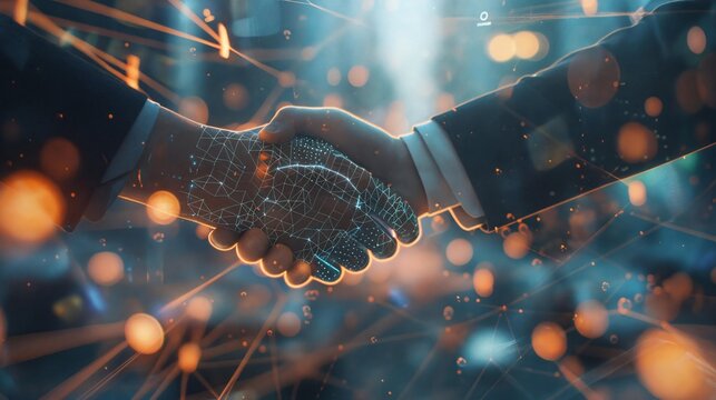 Virtual handshake in a cyber environment, highlighting connection, collaboration, and advanced tech. Represents a commitment to future-oriented teamwork and partnership across digital networks.
