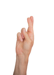 Obraz premium Finger crossed for luck, lie isolated hand lying in superstition. People showing confidence, lucky gesture in background of hope. Concept sign liar, white woman as symbol, transparent cutout PNG