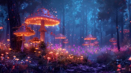 Enchanted Forest: Glowing Mushrooms and Magical Atmosphere