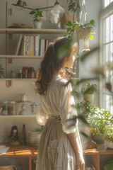Simple shot of a maid dusting a minimalist bookshelf in a bright, airy room,
