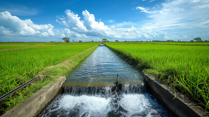 Water canal with water flowing in rice fields. In the background is an open field of green paddy fields and blue sky with white clouds