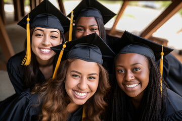 Obraz premium Joyful multiracial college or university graduate students friends wearing black graduation hats