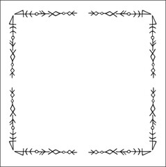 Elegant black and white ornamental frame with Viking runes, decorative border, corners for greeting cards, banners, business cards, invitations, menus. Isolated vector illustration.	
