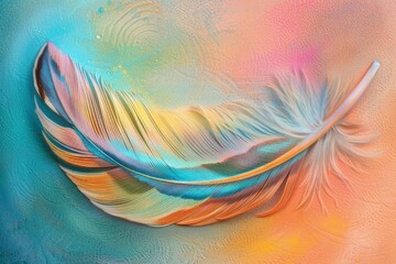 Vibrant multicolored feather lying on a textured, rainbowhued canvas background