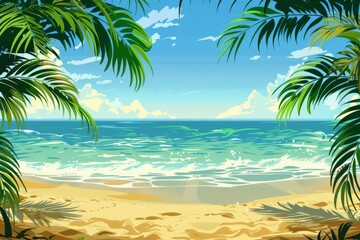 Obraz premium Tropical Beach View Through Palm Leaves