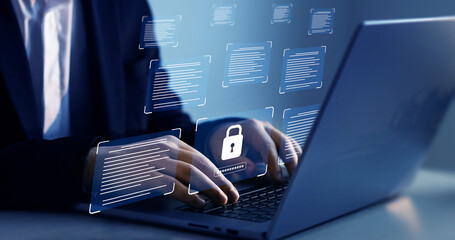 Documents confidentiality,cyber security protection concept. Protecting herself from cyber attacks. Software for security, searching and managing corporate document and employee information