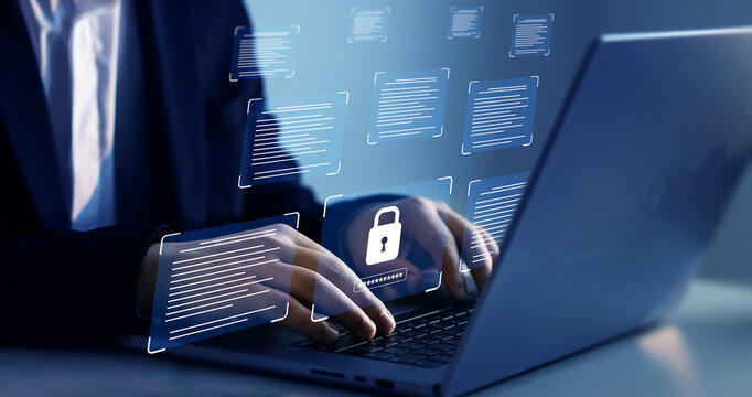 Documents confidentiality,cyber security protection concept. Protecting herself from cyber attacks. Software for security, searching and managing corporate document and employee information