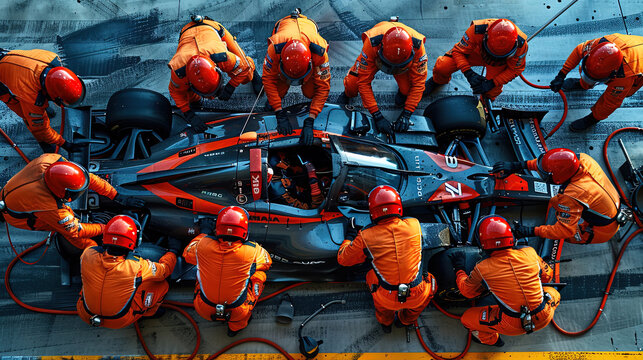 Professional pit crew ready for action as their team's race car arrives in the pit lane during a pitstop of a car race, concept of ultimate teamwork
